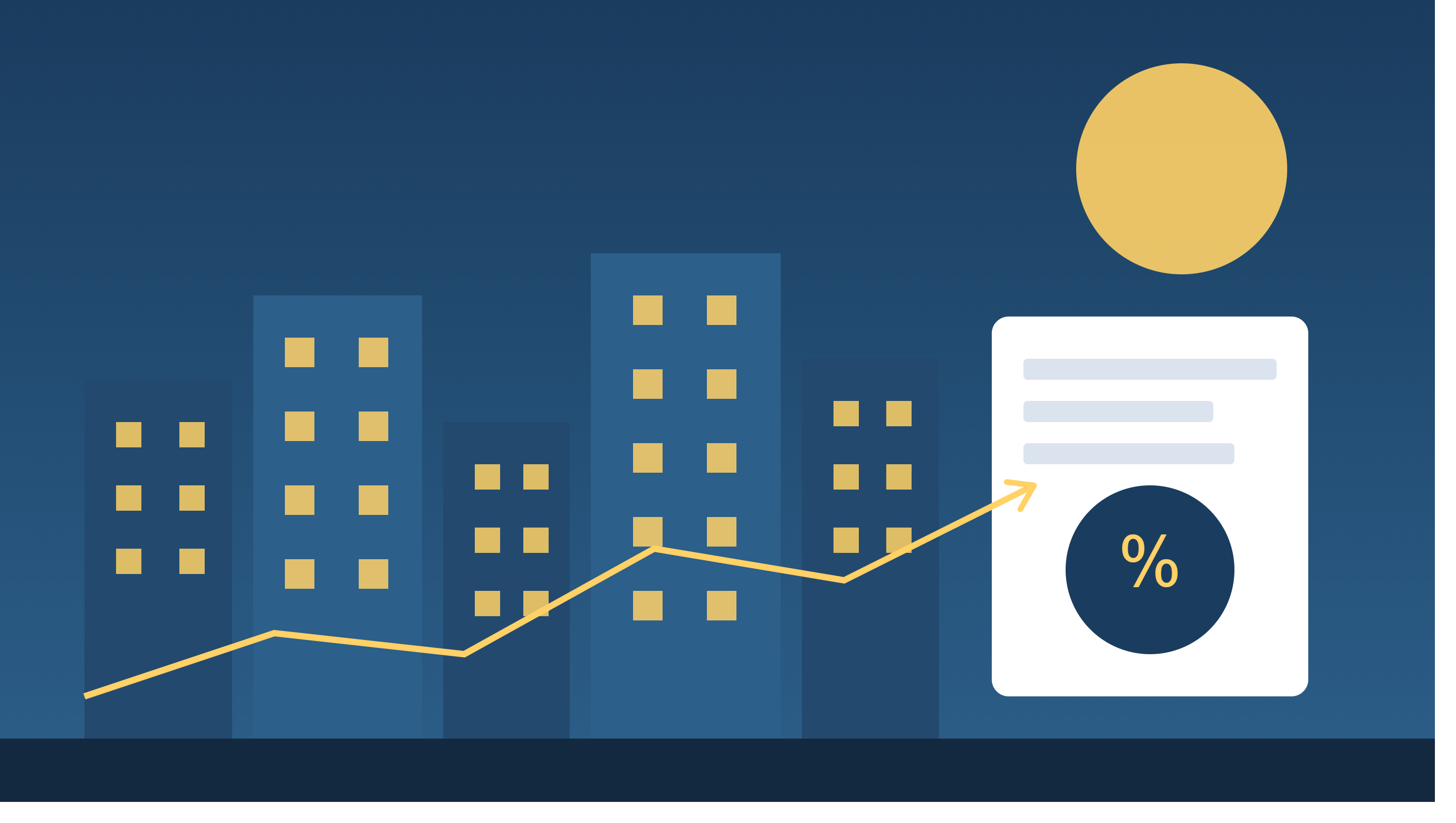 a city skyline with a tax document/percentage icon and a rising trend line