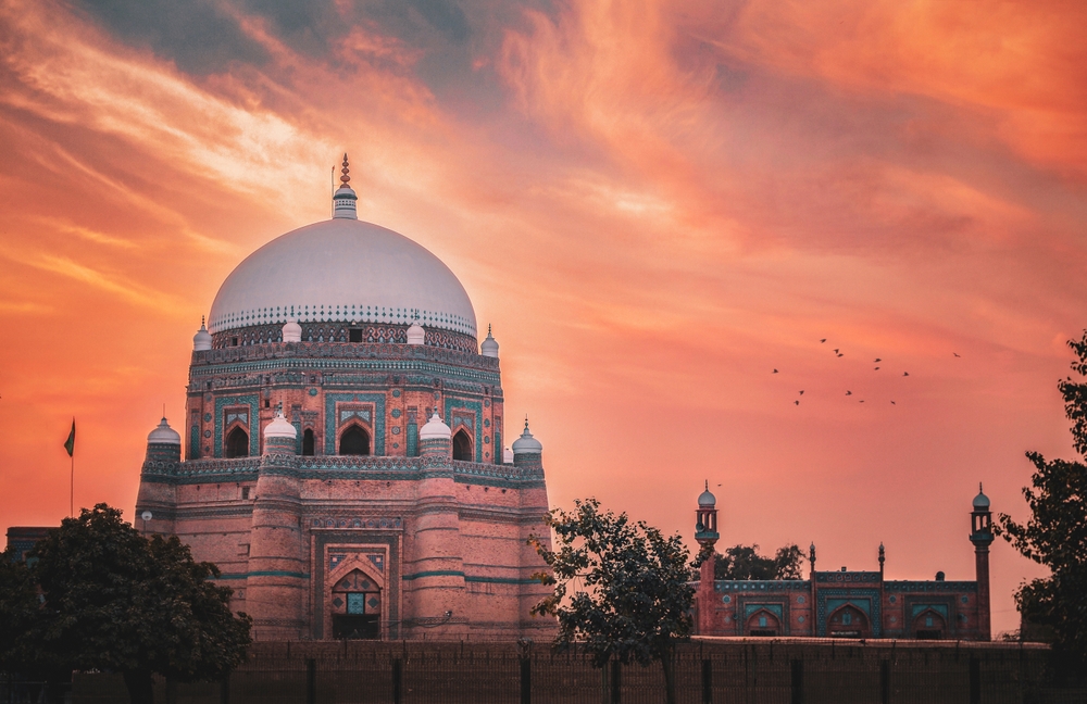 Aerial view of Shah Rukn e Alam Tomb of Multan and modern real estate developments in Multan Pakistan